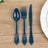 Elegant navy blue plastic cutlery set with spoon, fork, and knife.