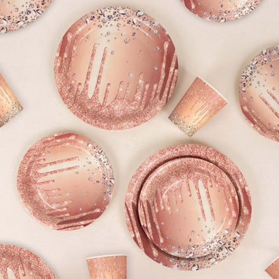 72 Pcs Paper Dinnerware Set Rose Gold with Diamonds Glitter Drip Pattern - Disposable Plates, Cups, and Tableware Combo