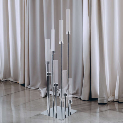 8 Arm Cluster Taper Candle Holder 42" Silver With Clear Glass Shades - Large Candle Arrangement