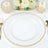 Elegant clear plate with gold beaded rim, styled with candles and flowers.