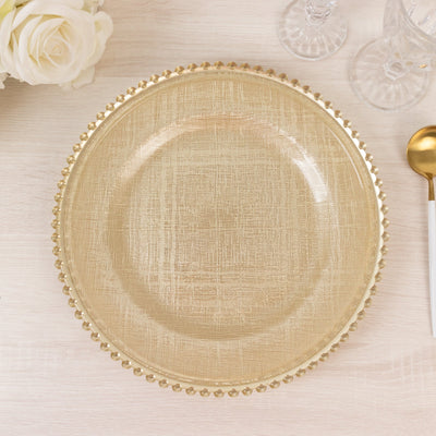8-Pack Glass Charger Plates 12" Round Gold with Beaded Rim & Cross-Stitch Pattern - Event Tabletop Decorative Dinner Charger Tableware