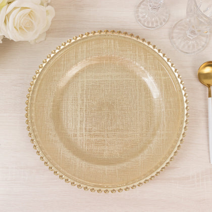 8-Pack Glass Charger Plates 12" Round Gold with Beaded Rim & Cross-Stitch Pattern - Event Tabletop Decorative Dinner Charger Tableware
