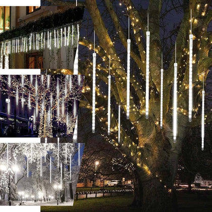 8 Tubes LED String Lights 12" Hanging Icicle Design Clear - Waterproof Meteor Shower Effect