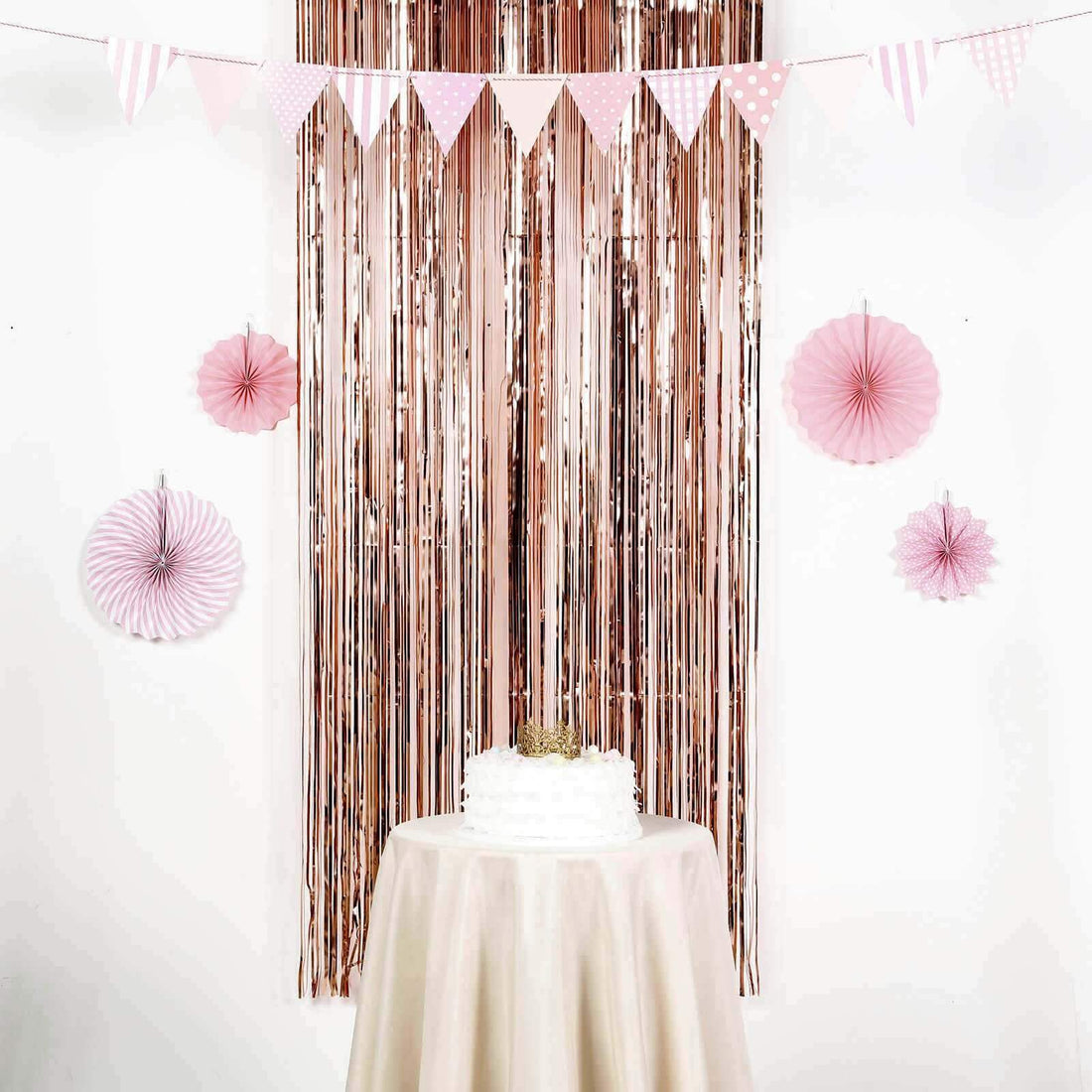 Pink and gold party decor with cake and backdrop #whtbkgd