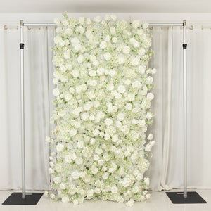 White floral backdrop with roses for events or photo shoots.