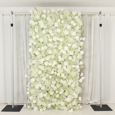 Roll Up Flower Wall Backdrop with Fabric Backing – 8ftx4ft White Artificial Silk Roses & Baby's Breath