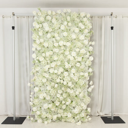 Roll Up Flower Wall Backdrop with Fabric Backing – 8ftx4ft White Artificial Silk Roses & Baby's Breath