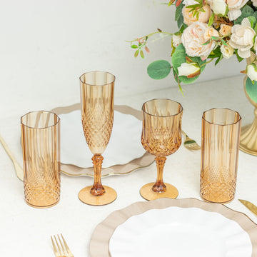 Amber Gold Crystal Cut Reusable Plastic Champagne Glasses - The Perfect Party Essential