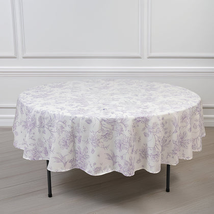 Polyester Round Tablecloth 90" White with Lavender Lilac French Toile Pattern - Sophisticated Table Cover for Chic Weddings & Events