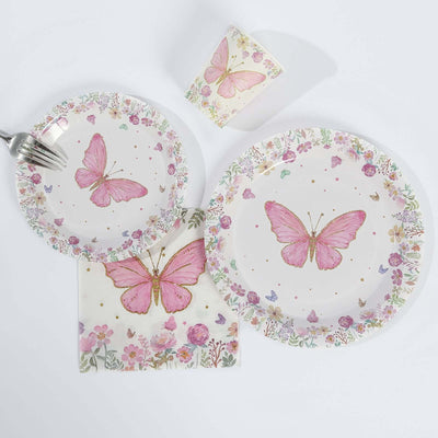 96 Pcs Paper Dinnerware Set White/Pink with Butterfly Print - Disposable Plates, Cups, and Napkins for Parties
