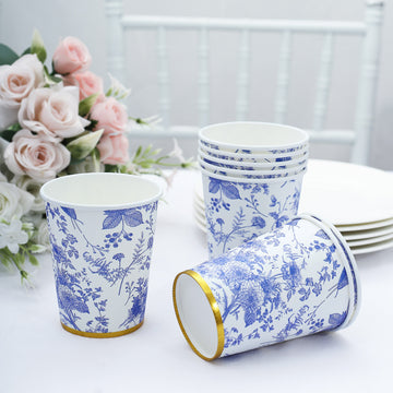 24 Pack Blue Chinoiserie Floral Paper Cups with Gold Rim, Elegant Disposable Party Cups 9oz