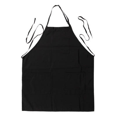 Black kitchen apron with pockets on a plain white background