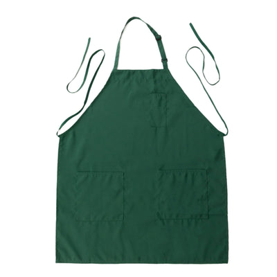 Green kitchen apron with two pockets and ties, studio isolation shot.