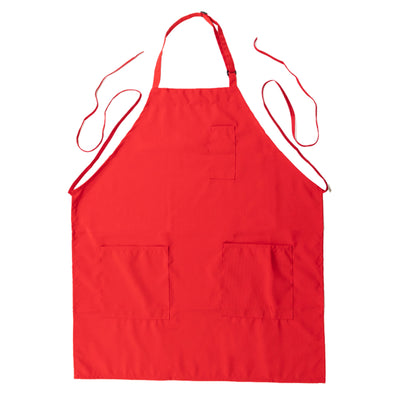 Red apron with pockets, perfect for cooking or crafting.