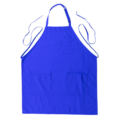 Blue kitchen apron with two front pockets and adjustable neck strap