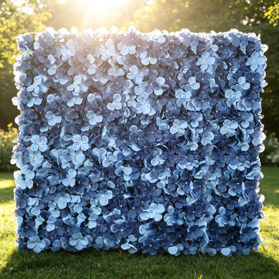 Blue hydrangea flower wall panel in sunlight, outdoor garden backdrop