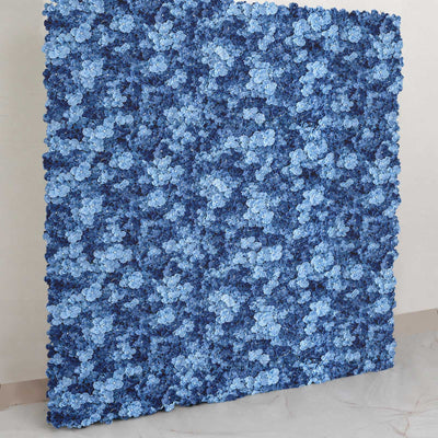 Blue artificial floral wall backdrop with dense hydrangea flowers
