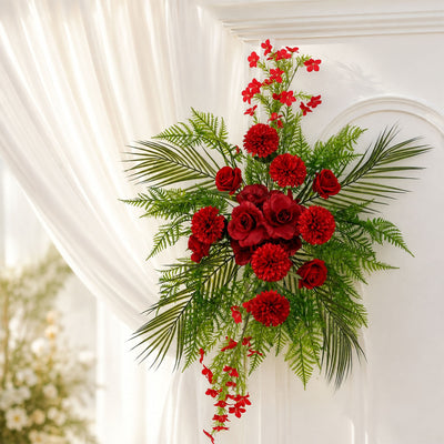 Wedding Arch Floral Swag – Artificial Burgundy Rose & Chrysanthemum with Greenery and Palm Leaves