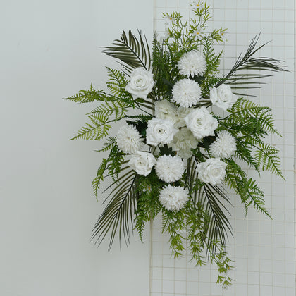 Wedding Arch Floral Swag – Artificial Ivory Rose & Chrysanthemum with Greenery and Palm Leaves