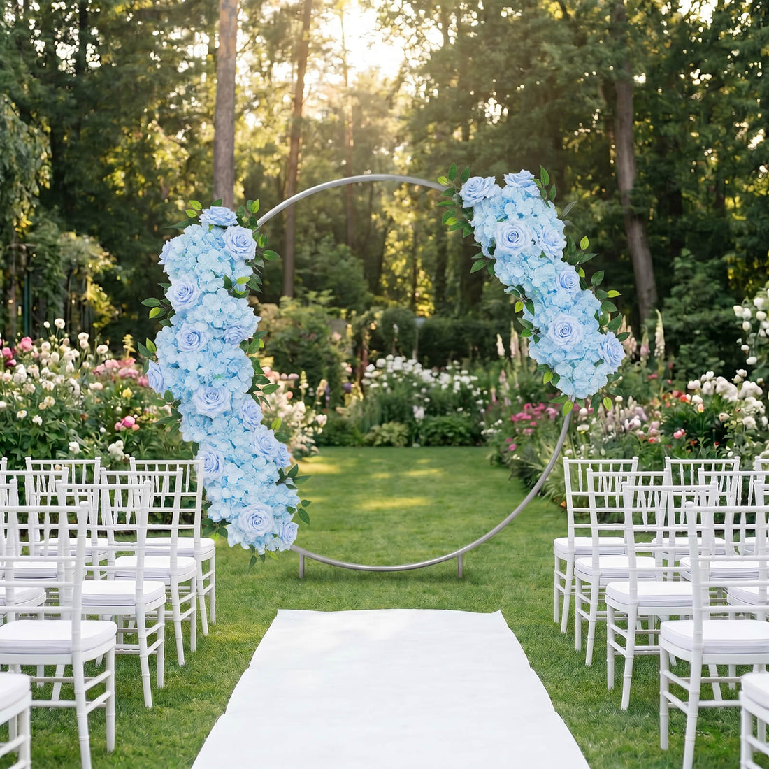 Outdoor wedding ceremony setup with floral arch and white chairs in garden
