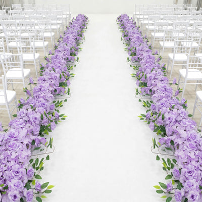Lavender floral wedding aisle with white chairs and elegant ceremony decor