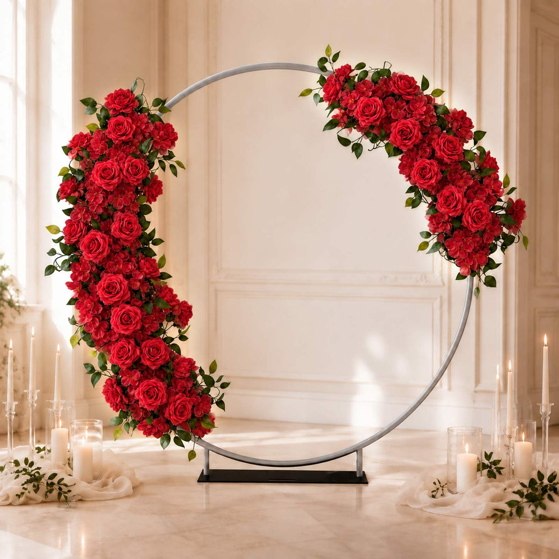 Heart-shaped red rose floral arch with candles for elegant wedding decor
