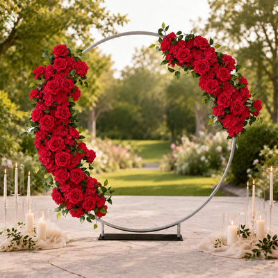Red rose floral wedding arch with candles in an outdoor garden setting