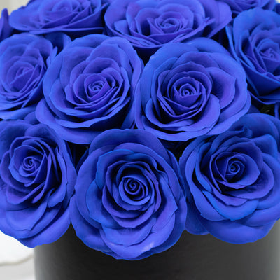 Blue roses in a black vase, showcasing vibrant, deep hues and full blooms.
