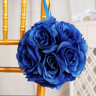 Blue fabric flower bouquet hanging on a gold chair.