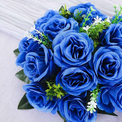 Blue artificial rose bouquet with green accents.