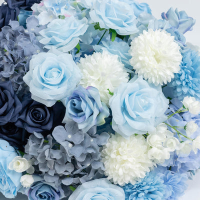 Blue and white artificial flower bouquet with roses and hydrangeas#whtbkgd