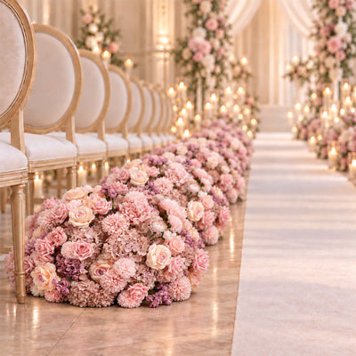 Elegant pink floral wedding aisle with gold chairs and candlelight