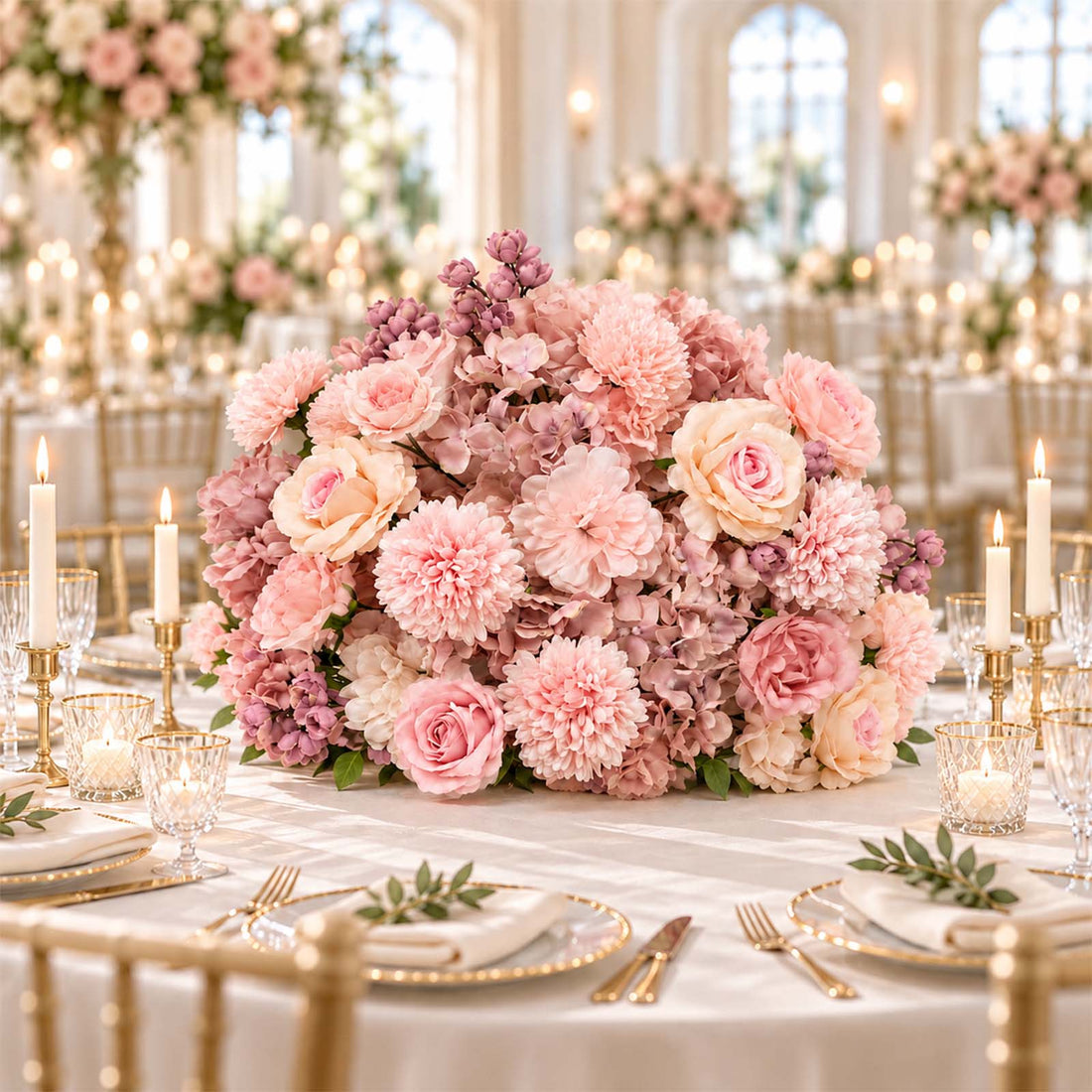 Pink floral wedding centerpiece with candles on an elegant gold table setting