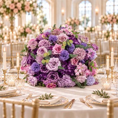 Lavender and pink wedding table centerpiece with candles in elegant ballroom