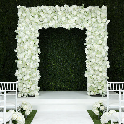 Roll Up Artificial Flower Backdrop for Arch Stand – White with Fabric Backing, 8ftx8ft – Silk Roses & Baby's Breath Wedding Arch Décor