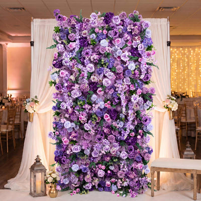 Roll Up Flower Wall Panel Backdrop - 8ft x 4ft Mixed Lavender Lilac Silk Roses, Hydrangeas & Chrysanthemums with Fabric Backing
