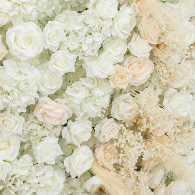 White and blush roses floral wall background with hydrangeas and dried accents