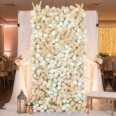 Roll Up Flower Wall Panel Backdrop - 8ft x 4ft Mixed White & Blush Silk Roses, Hydrangeas, Pampas Grass & Baby's Breath with Fabric Backing