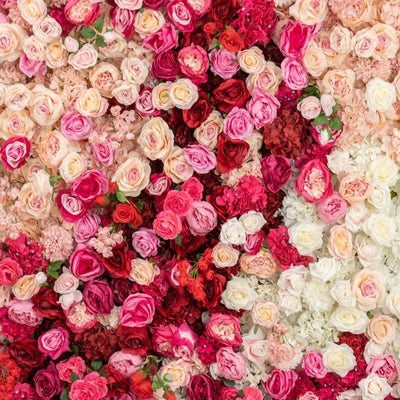 Pink and white roses floral wall background with red blooms