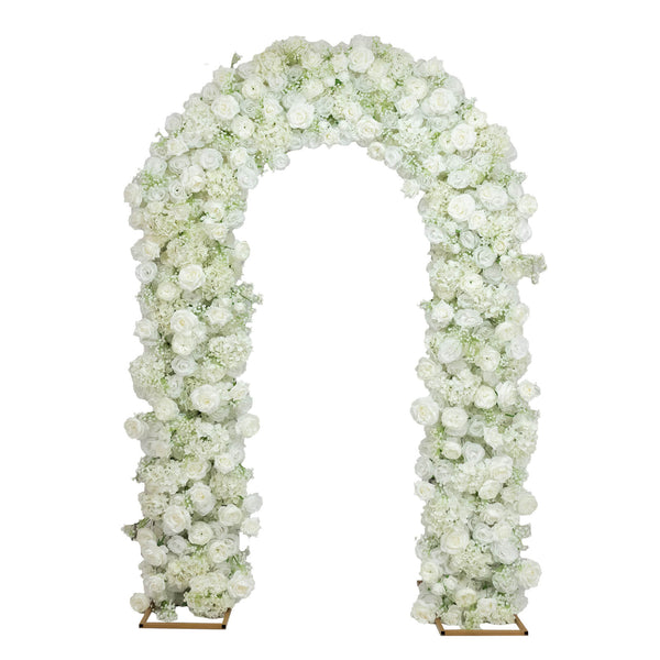 White floral arch with roses and hydrangeas for wedding decor