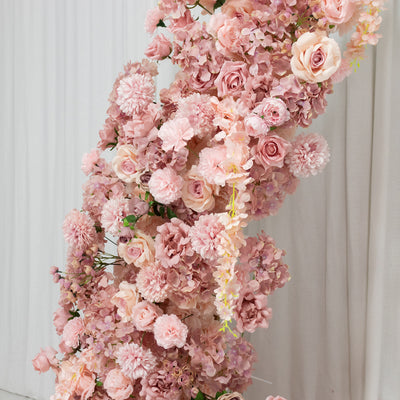 Pink floral arrangement with roses and hydrangeas on a white backdrop. #whtbkgd