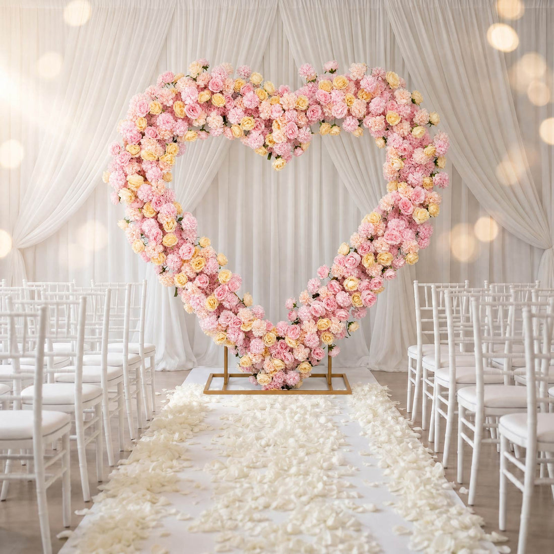 Pastel floral heart wedding arch with white aisle and chairs