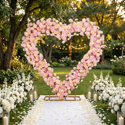 Heart-shaped pink floral wedding arch in a garden with white petals and candles