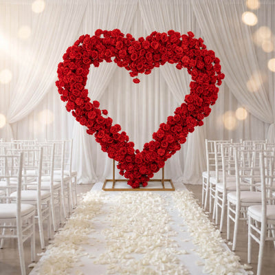 Red floral heart wedding arch with white aisle petals and chairs