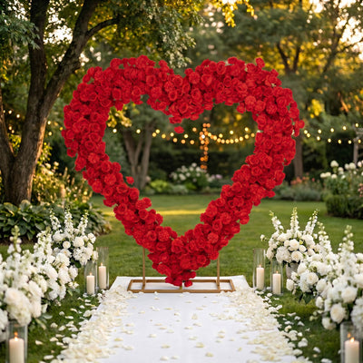 Red floral heart arch at romantic outdoor wedding ceremony in a garden