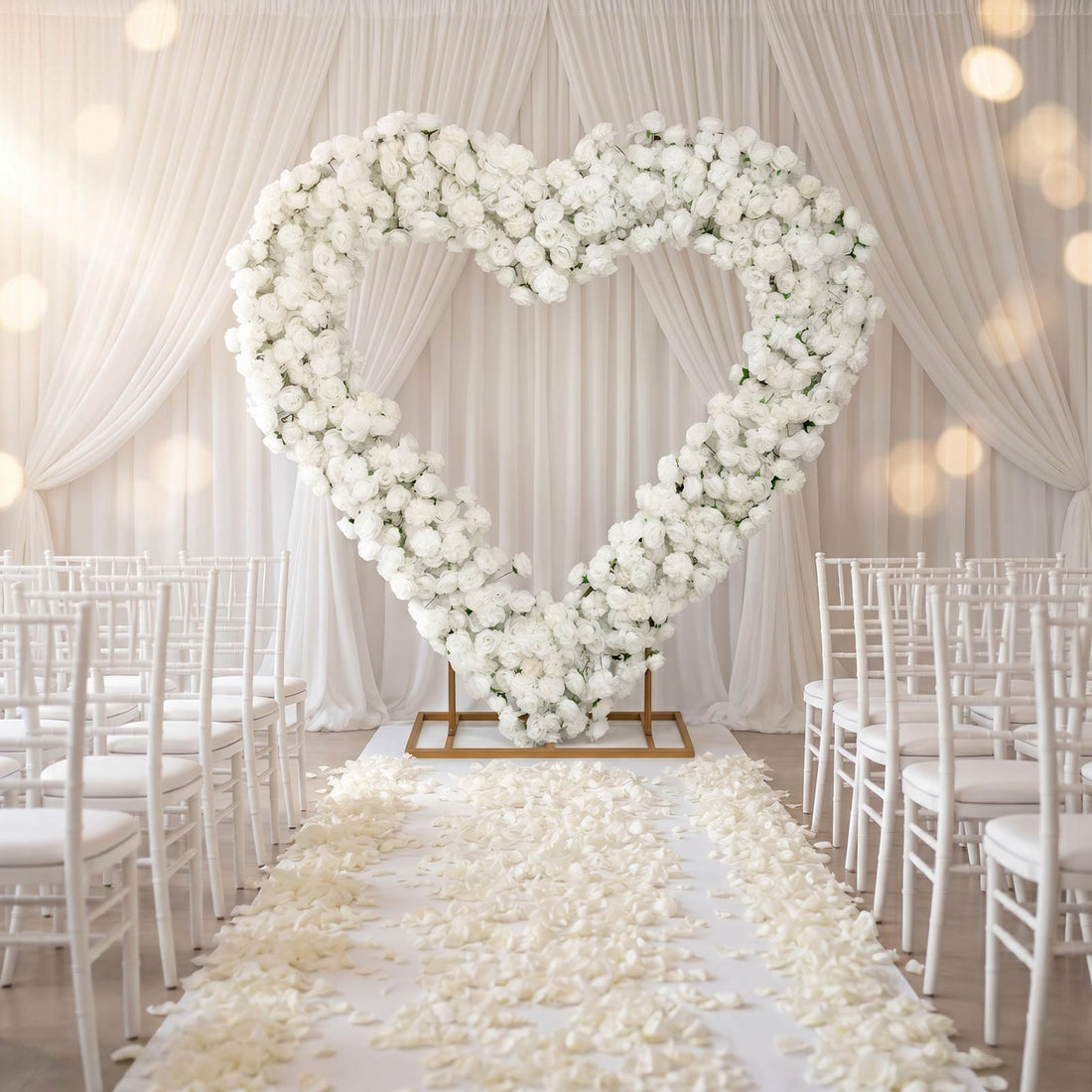 Elegant white floral heart wedding arch with aisle and chairs