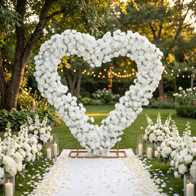Elegant outdoor wedding floral heart arch with white roses and candles