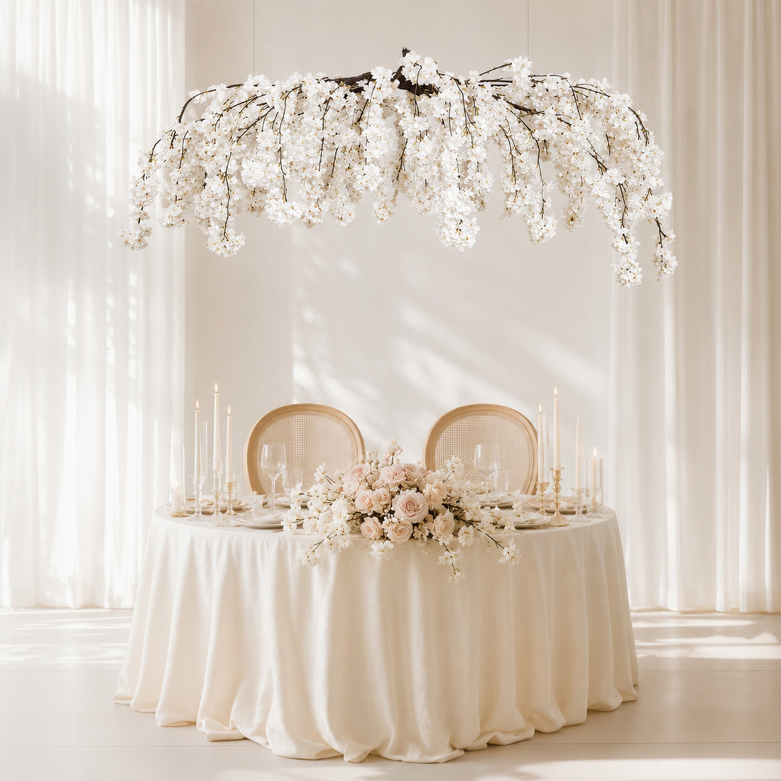 Elegant wedding table with floral chandelier and blush rose centerpiece
