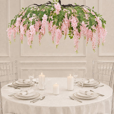 Blush Artificial Silk Wisteria Vine Round Hanging Canopy, Draping Garland Flower Chandelier With Interchangeable Branches 55"