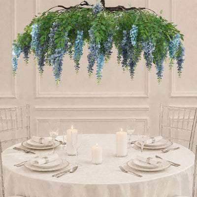 Artificial Silk Wisteria Vine Round Hanging Canopy in Dusty & Light Blue, Draping Garland Flower Chandelier With Interchangeable Branches 55"